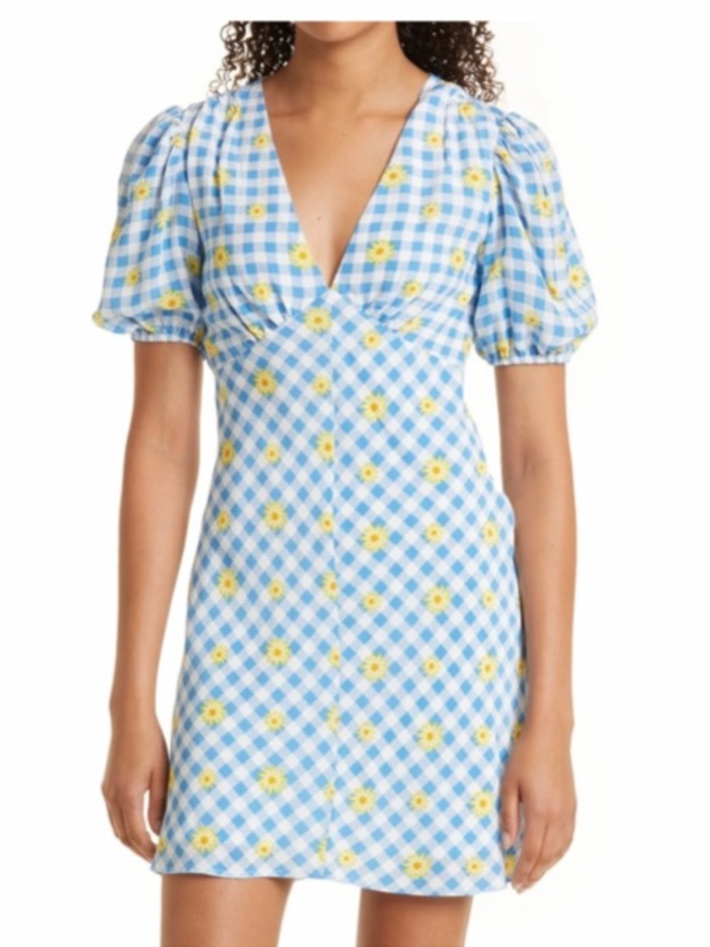 STAUD Milla Dress Gingham Daisy Print Pattern V Neck Short Sleeve Mini